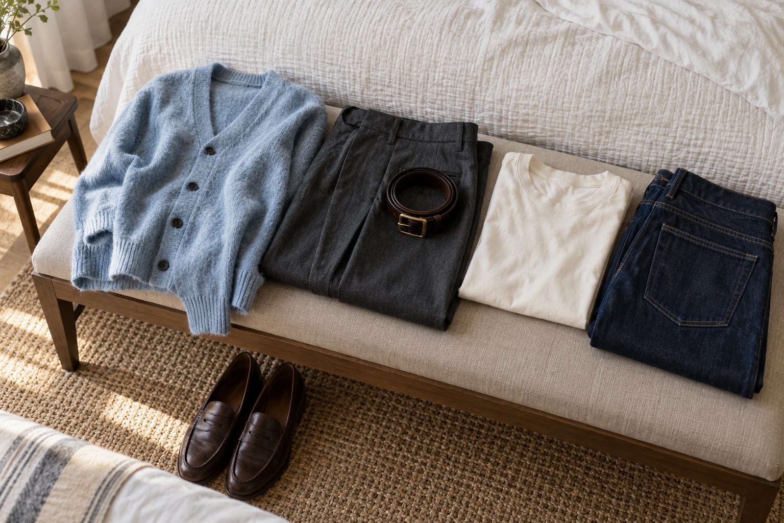 Icy blue cardigan arranged with existing neutral wardrobe pieces and brown shoes.