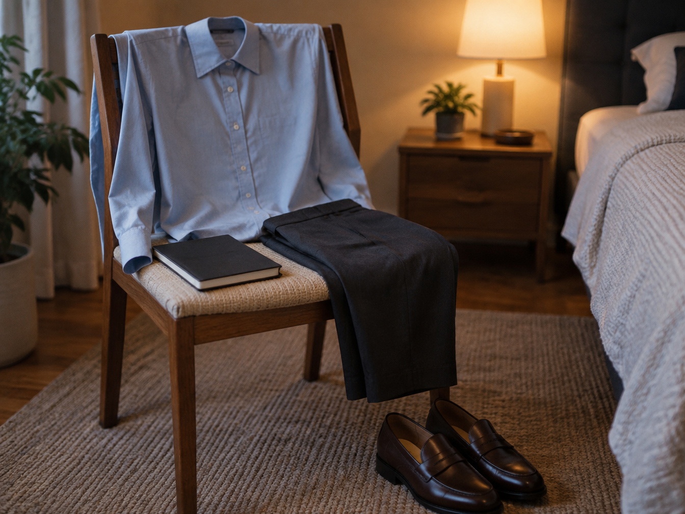 Blue shirt, trousers and loafers laid out on a chair the night before an interview