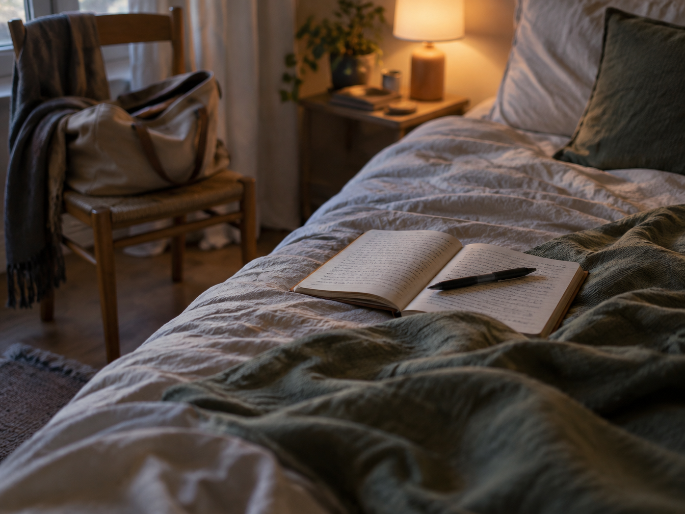 An open journal on a bed beside a half-zipped tote bag