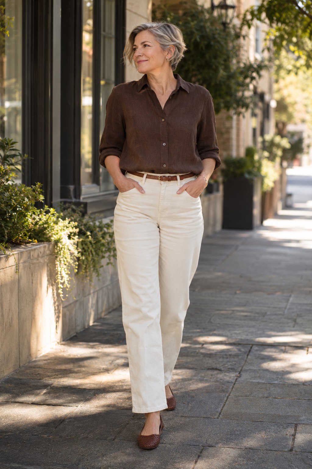 Brown linen shirt with ecru jeans and woven brown flats.