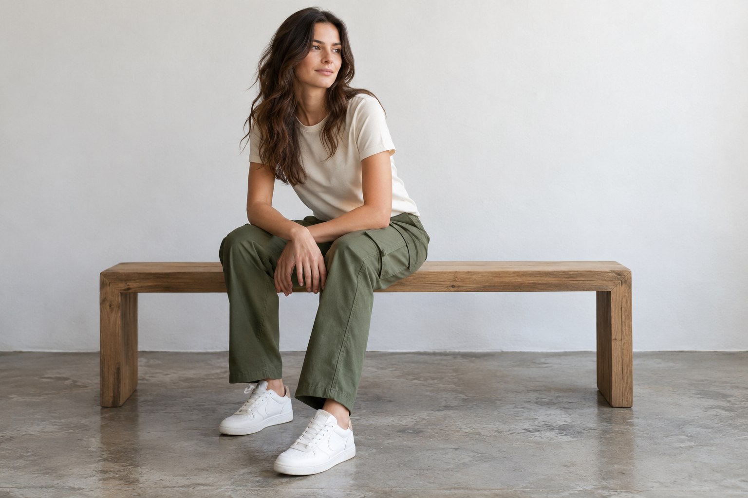 Seated fit check showing flat cargo pockets and room to bend the knees.