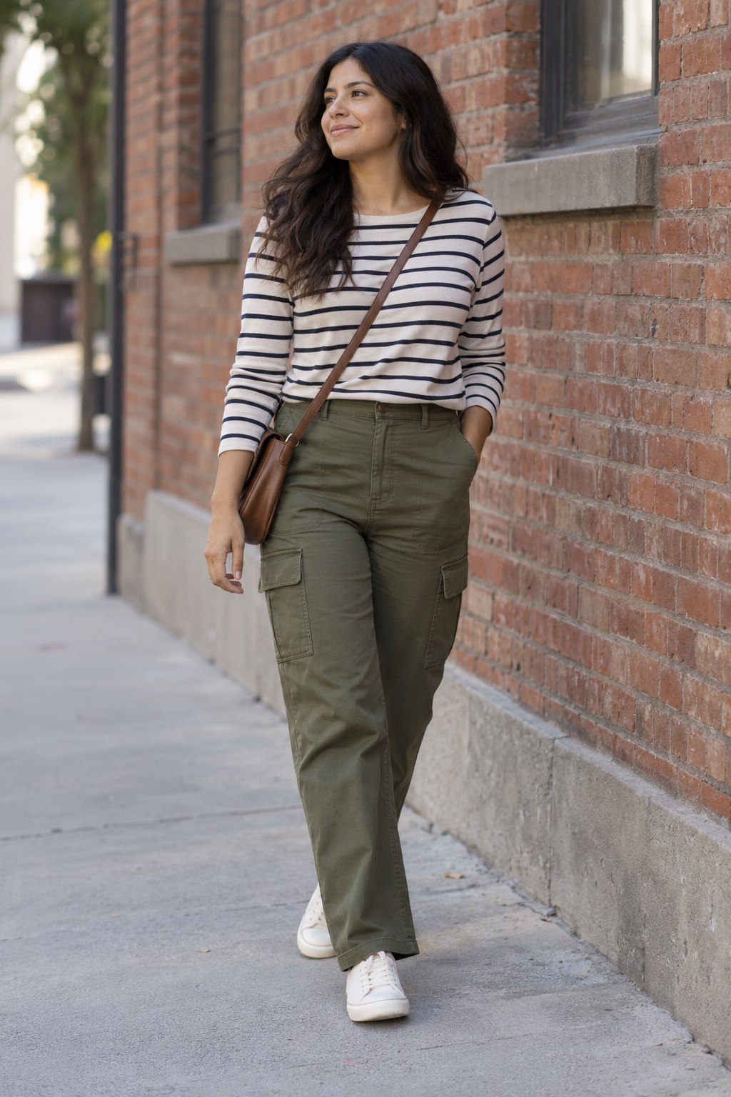 Olive cargo trousers with a cream and navy striped top and cream sneakers.