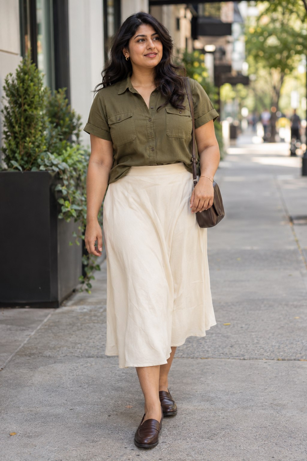 Olive utility shirt paired with a cream midi skirt and brown loafers.
