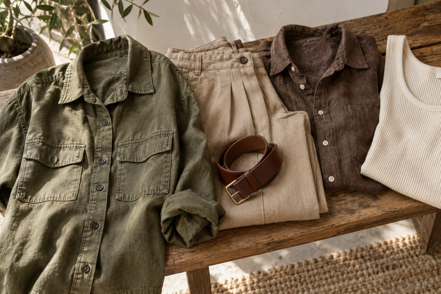 Olive utility shirt, sand trousers and brown linen pieces showing a khaki-coded color palette.