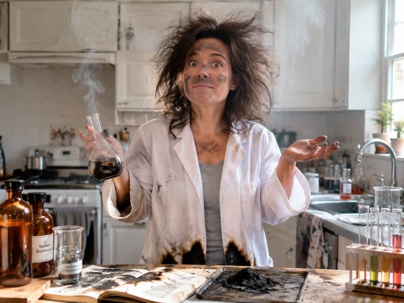 Woman in a lab coat with soot smudged face and wild hair in a messy kitchen lab with a startled expression