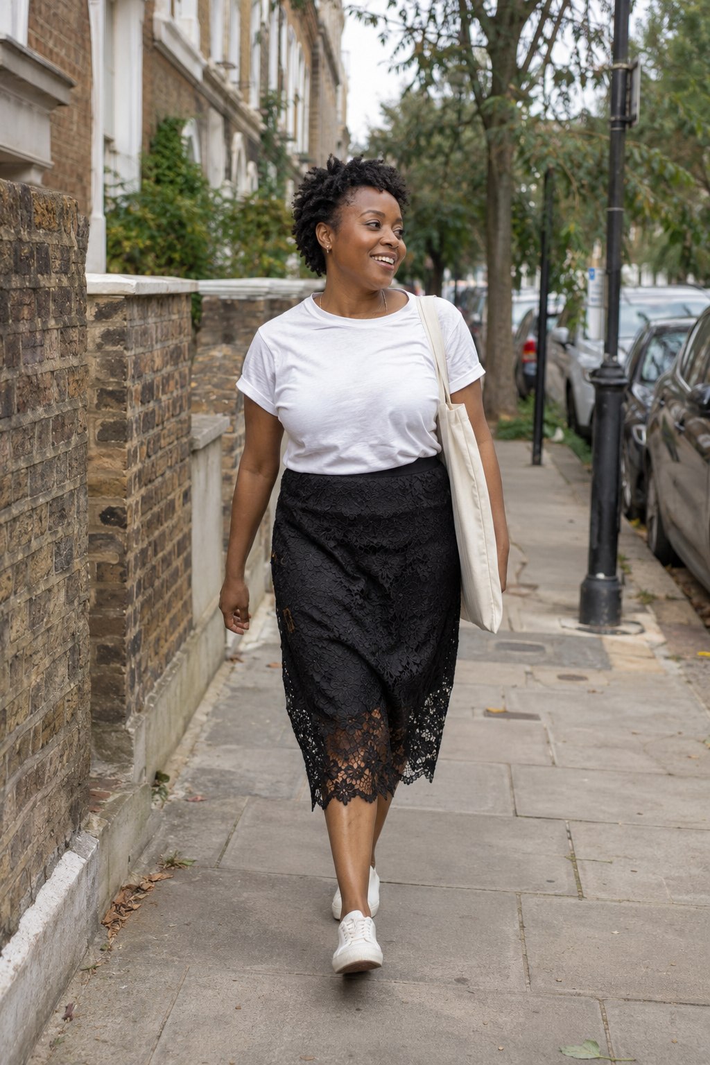 Fully lined black lace midi skirt with a white tee and off-white sneakers.