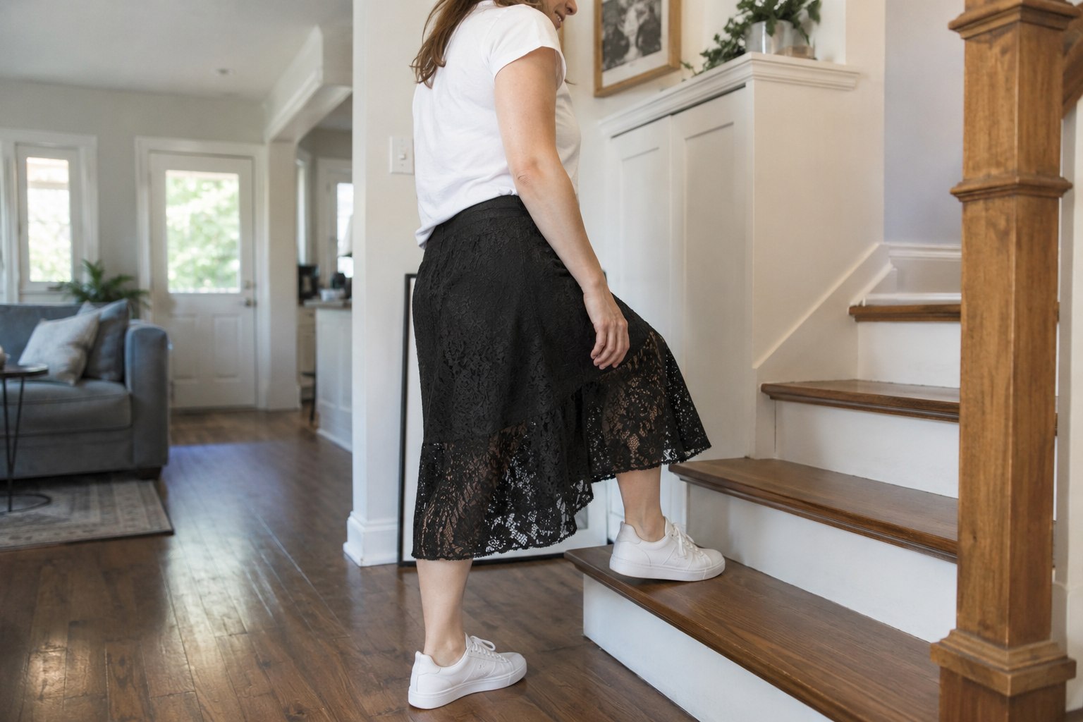 Walking in a lined lace skirt to check movement and hem clearance.