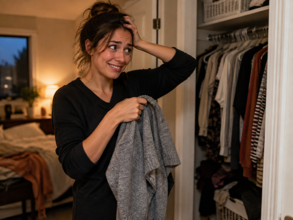 Woman holding a gray sweater in front of an open bedroom closet on Halloween evening