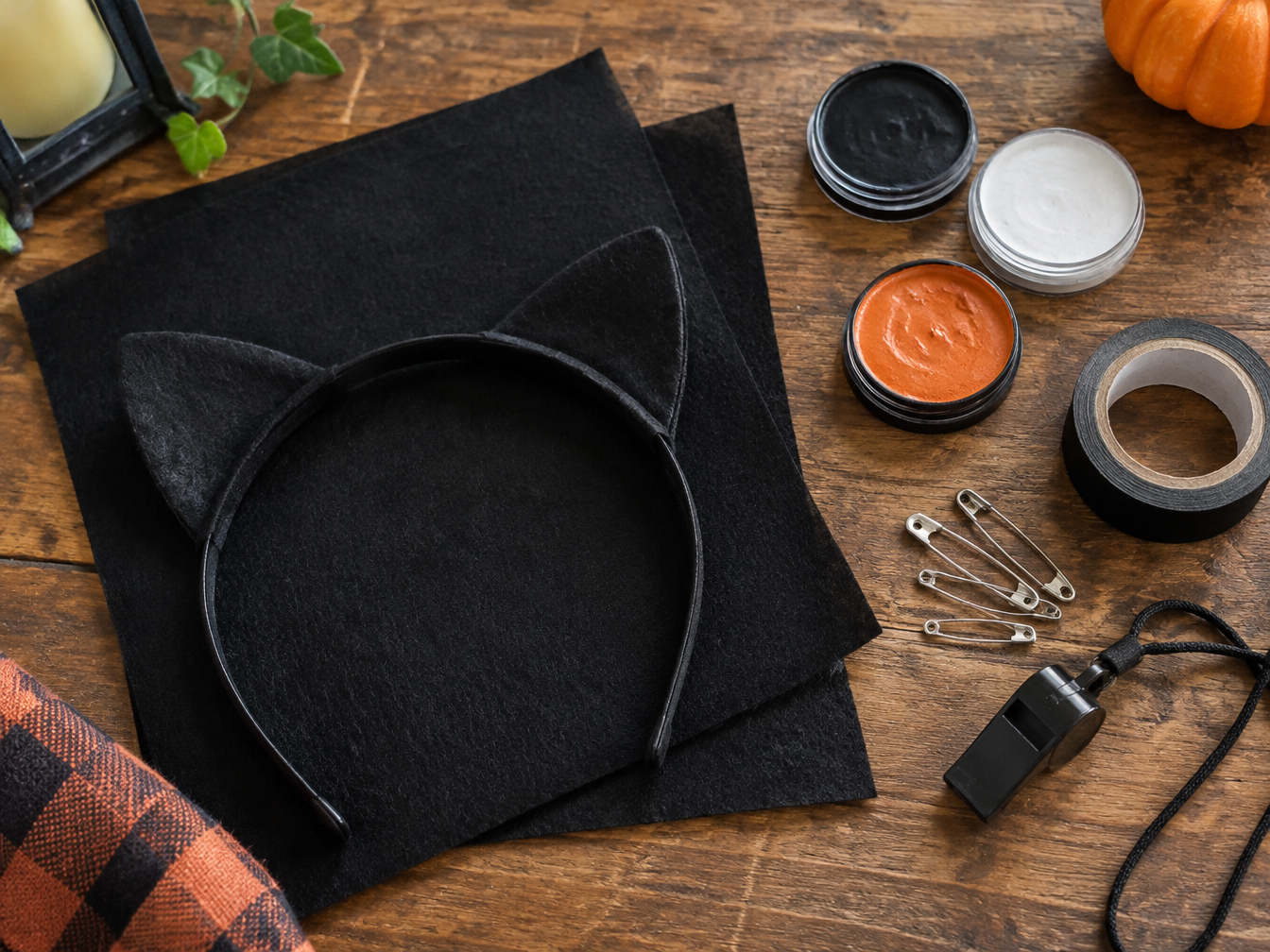 Overhead view of black felt, headband, face paint, safety pins, tape and a whistle on a wooden table