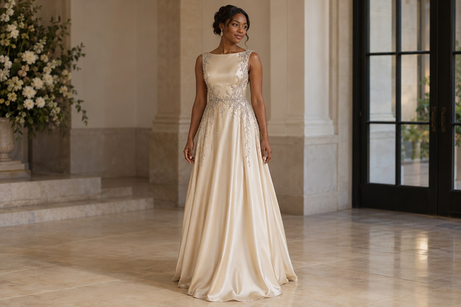 Adult model in a champagne gown with carefully spaced silver beading.