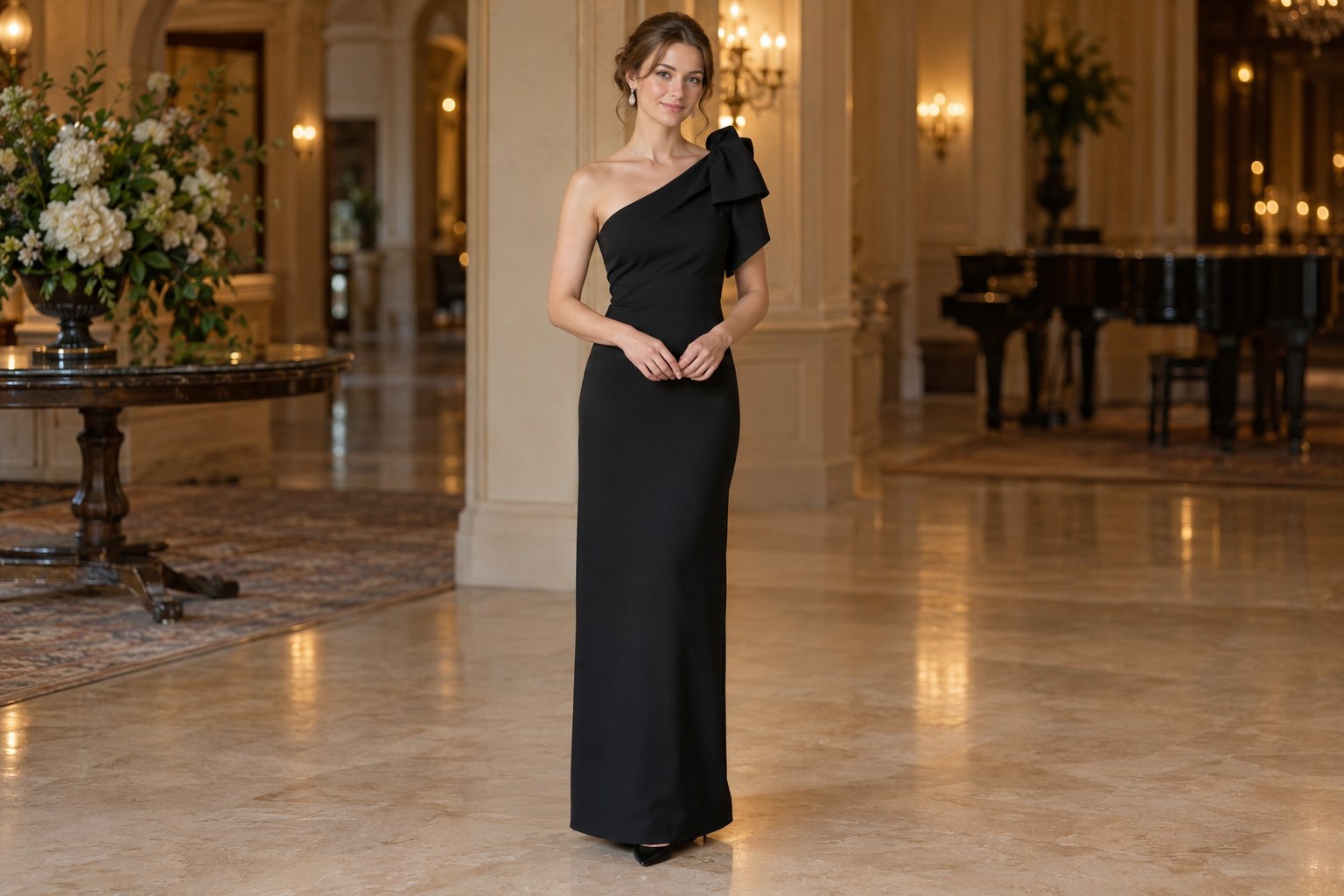 Adult model in a black column prom gown with a sculptural shoulder detail.