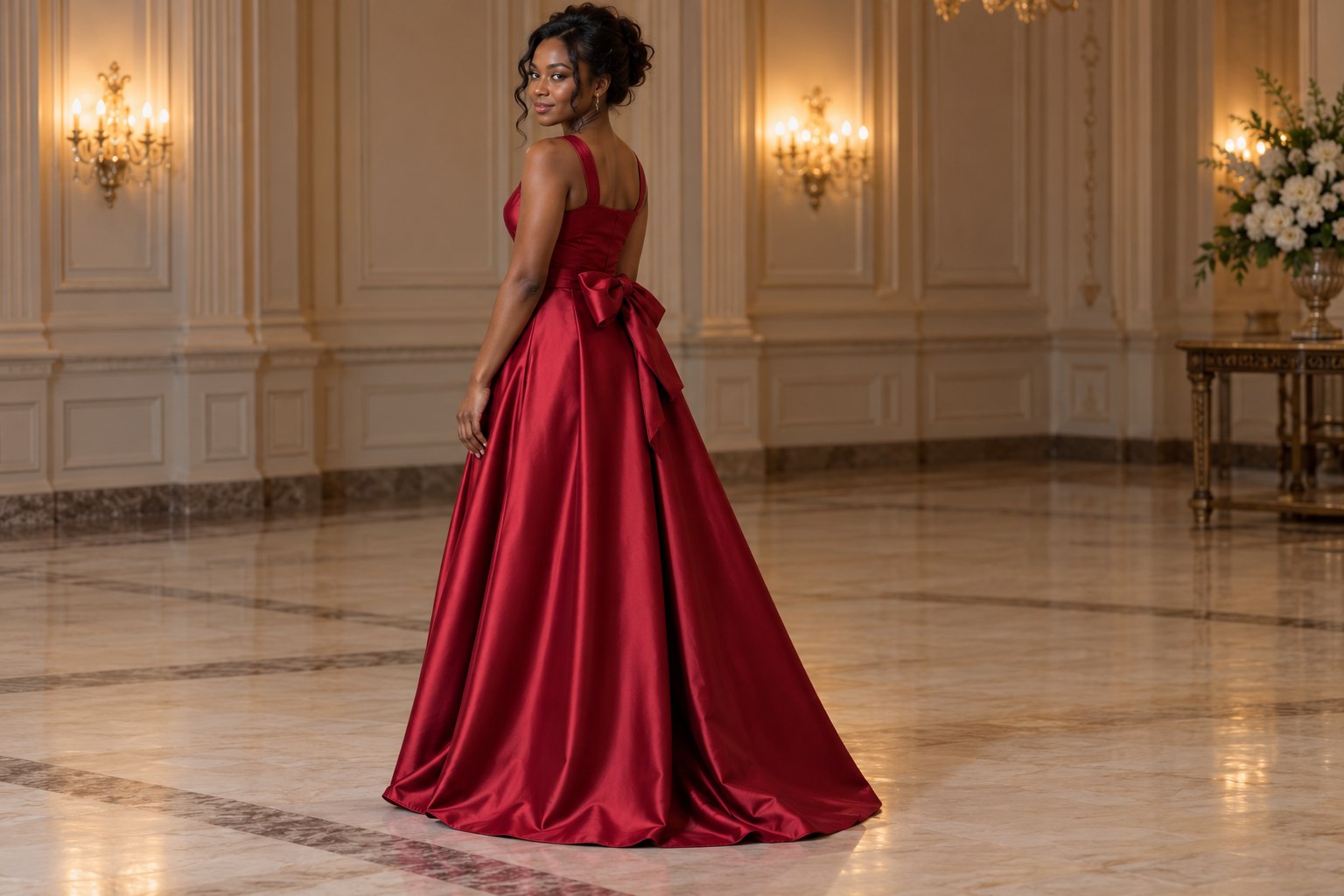 Adult model in a red prom gown with a structured bow at the back waist.