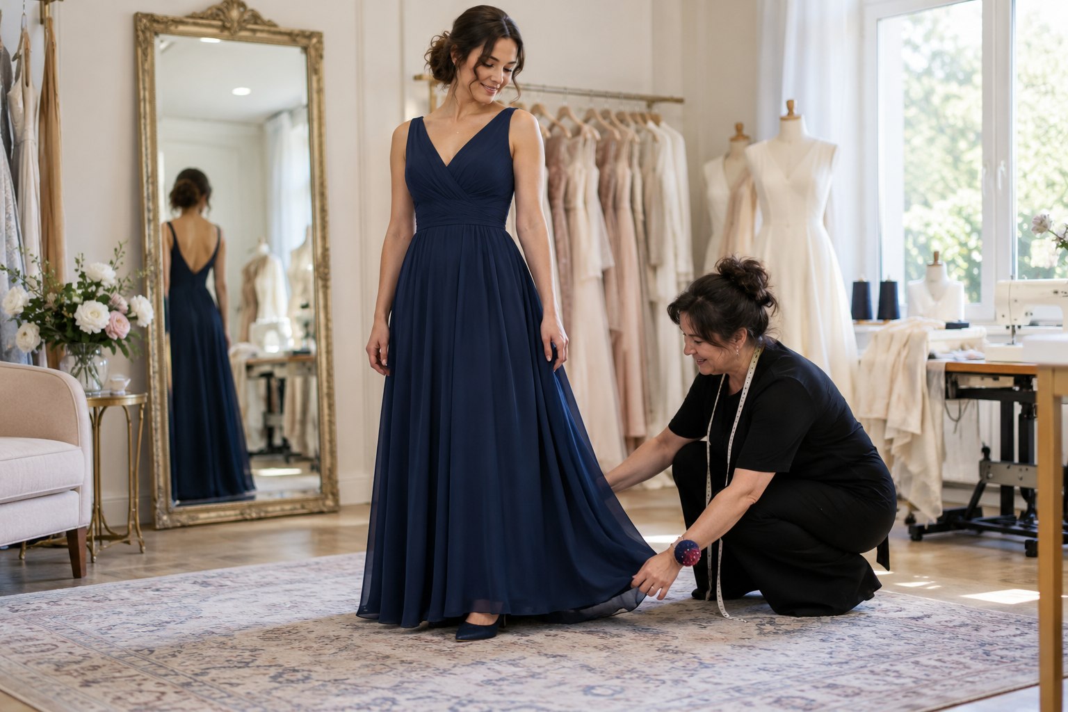 Adult model checking the fit of a navy formal gown at a tailoring appointment.