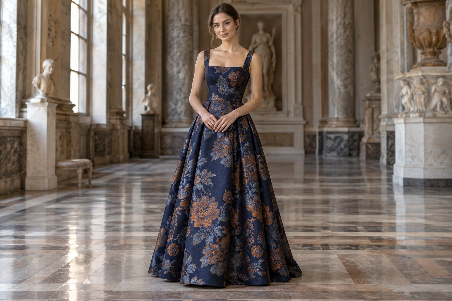 Adult model in a dark floral jacquard A-line prom gown.