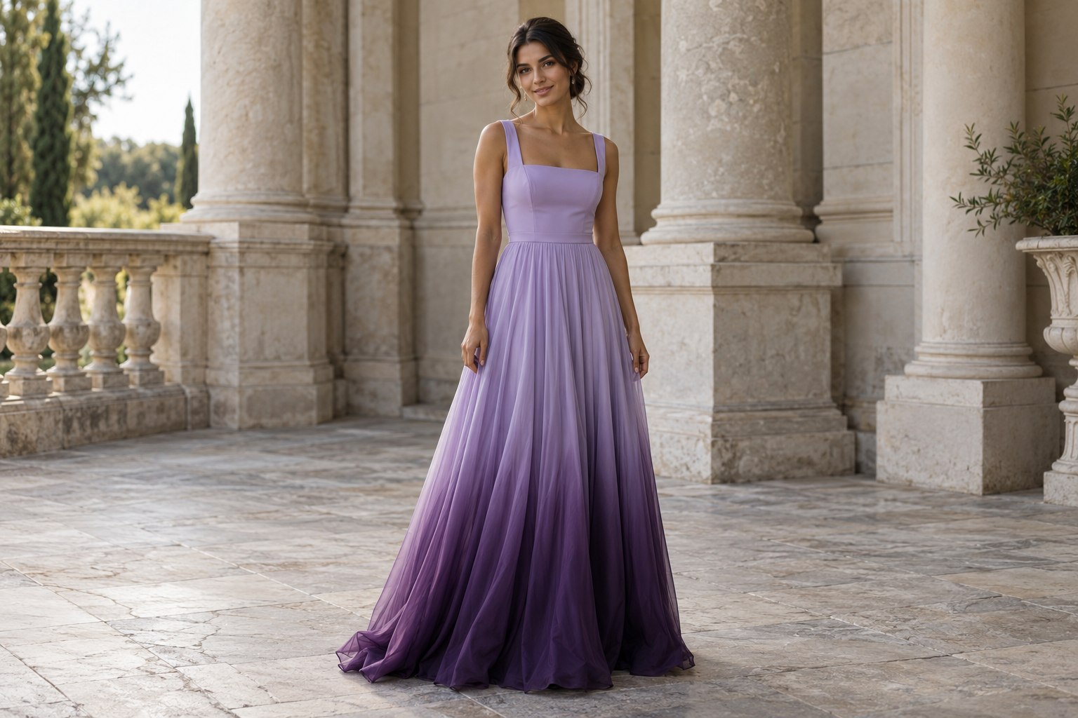 Adult model wearing a lavender-to-plum ombré prom gown.