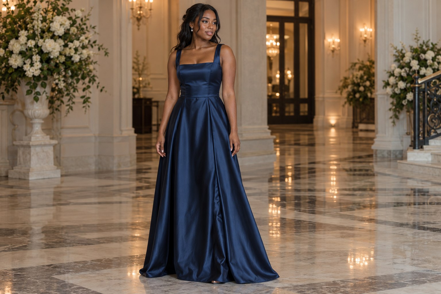 Adult model in a midnight blue satin prom gown with a structured bodice.