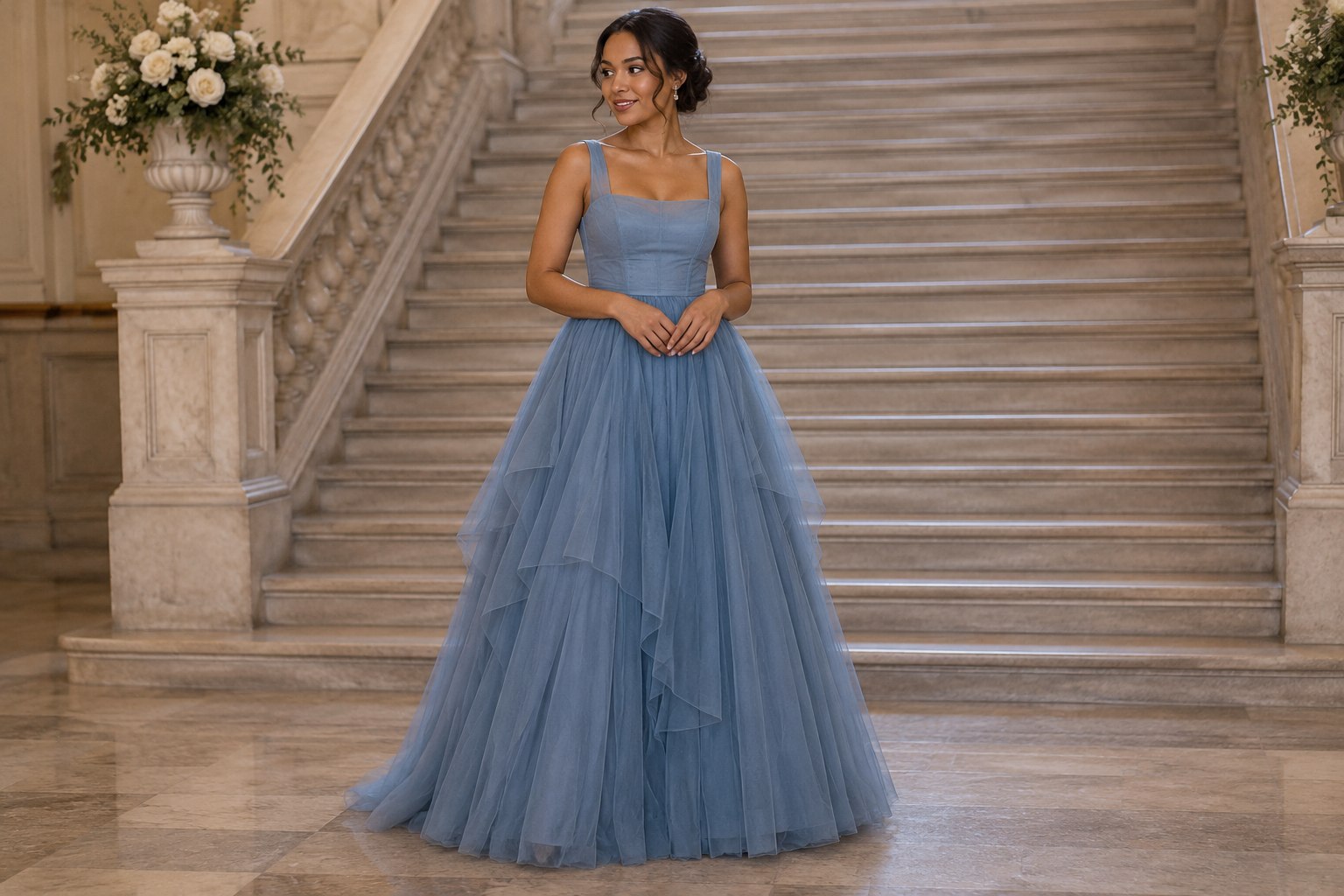 Adult model wearing a dusty blue tulle prom ball gown.