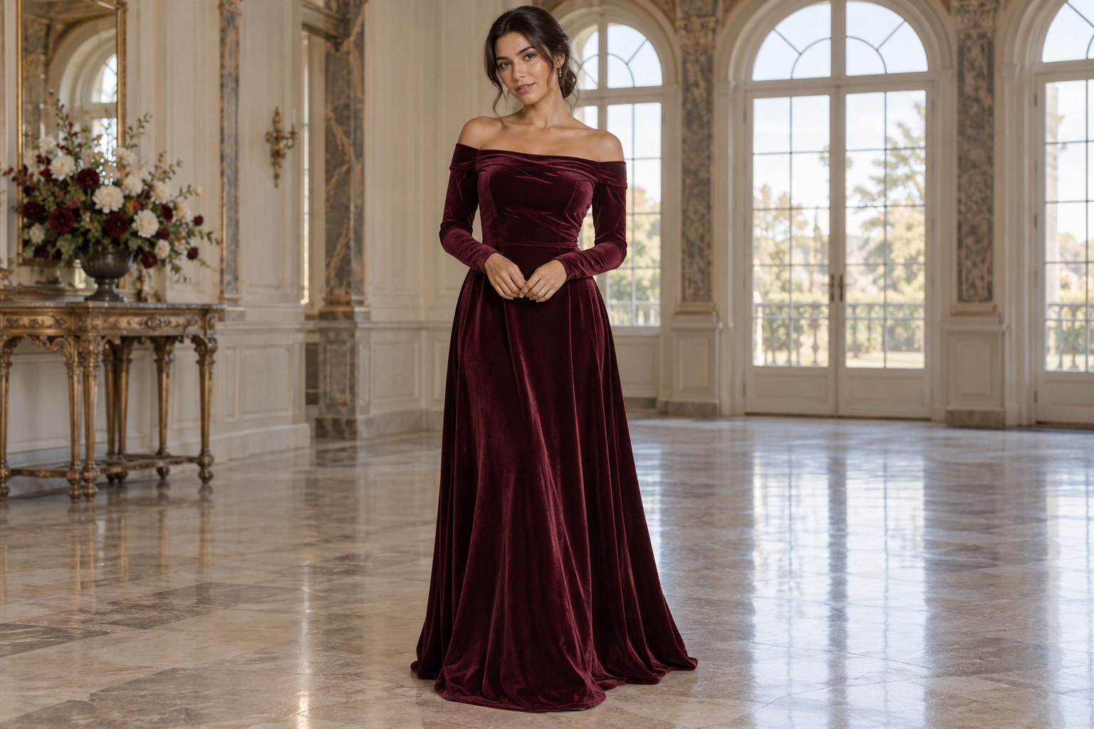 Adult model wearing a burgundy velvet gown.