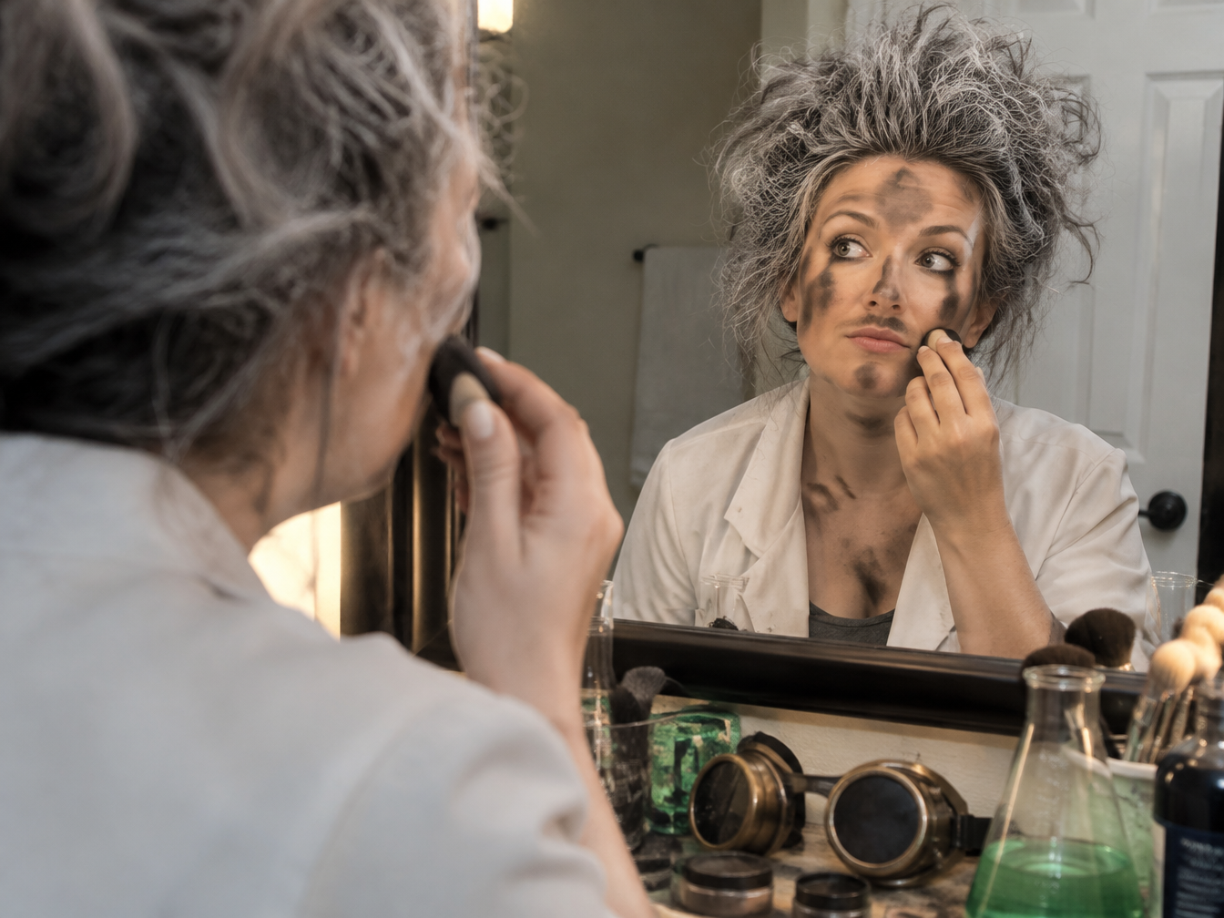 Woman applying mad scientist costume makeup at a mirror with grey hair spray, soot and goggles on the vanity