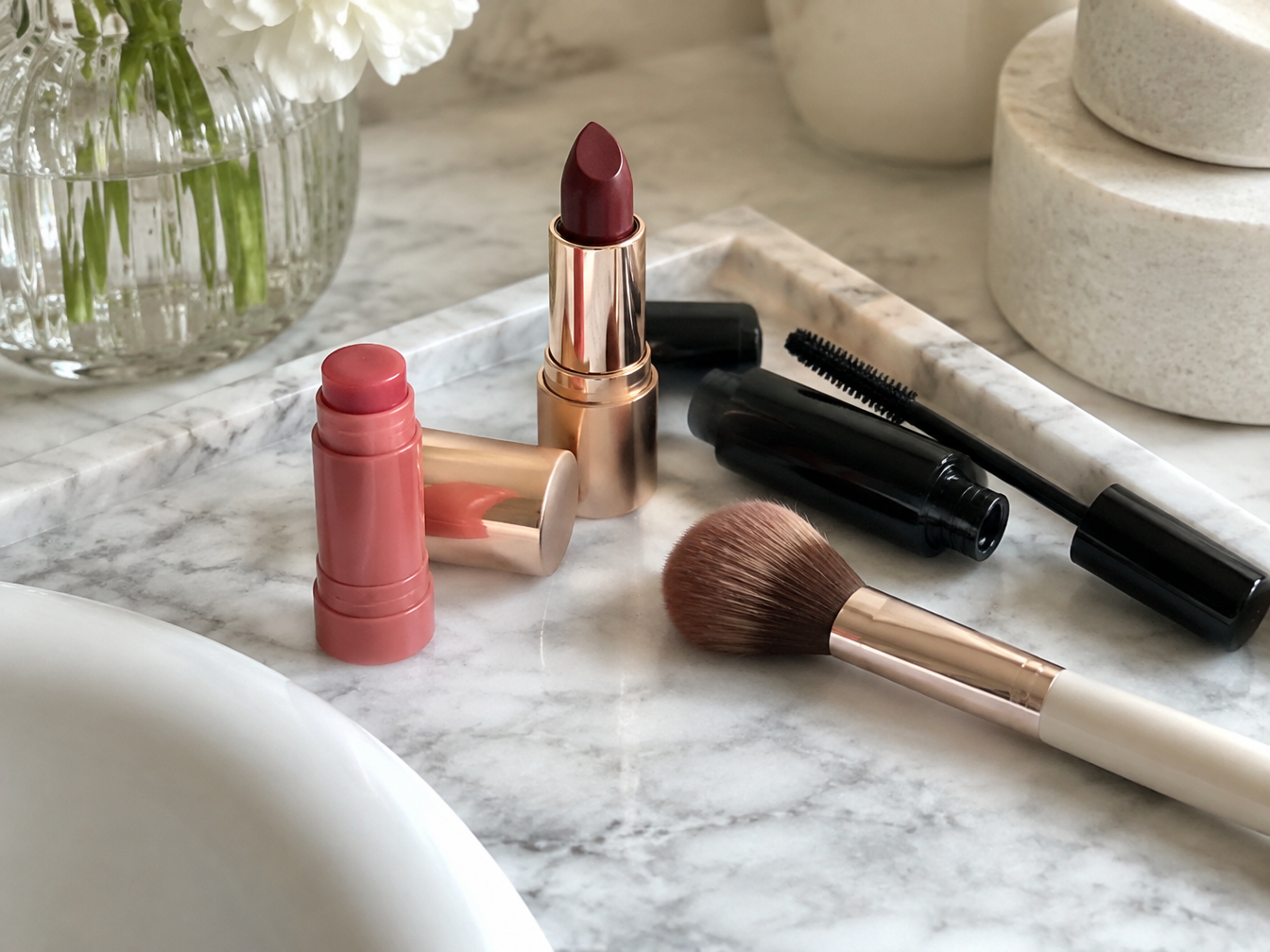 A tinted lip balm, mascara wand, berry lipstick and brush on a marble tray