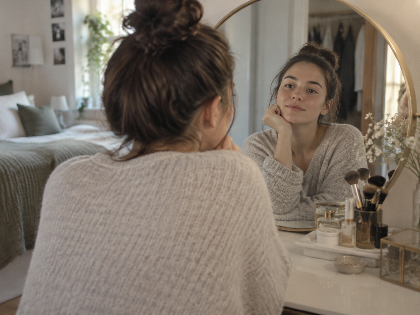 A woman at a vanity calmly looking at her reflection without makeup