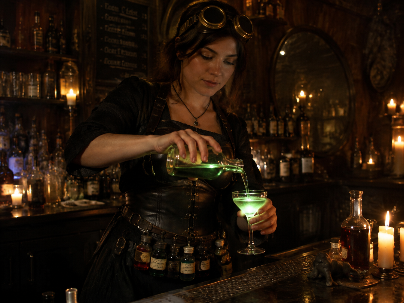 Woman dressed as an alchemist bartender with a belt of labeled potion bottles pouring a drink by candlelight