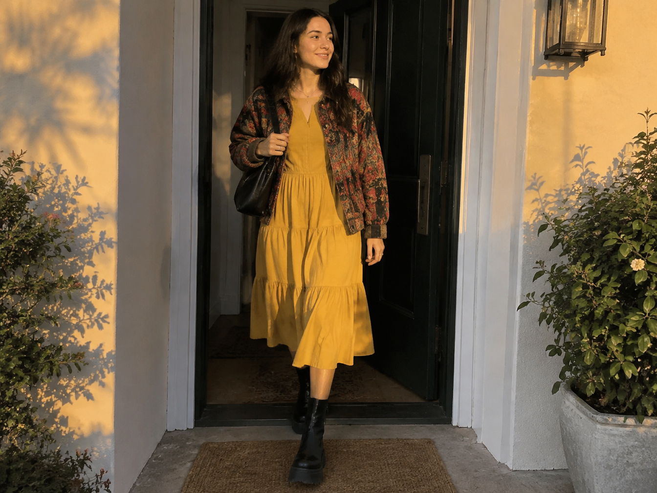 A woman in a mustard dress, chunky boots and bold jacket stepping out of a front door at golden hour