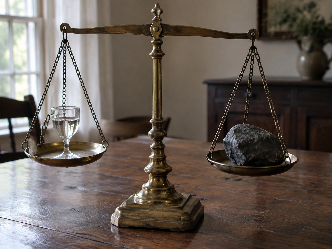 A brass balance scale holding a tiny glass of wine against a heavy dark stone