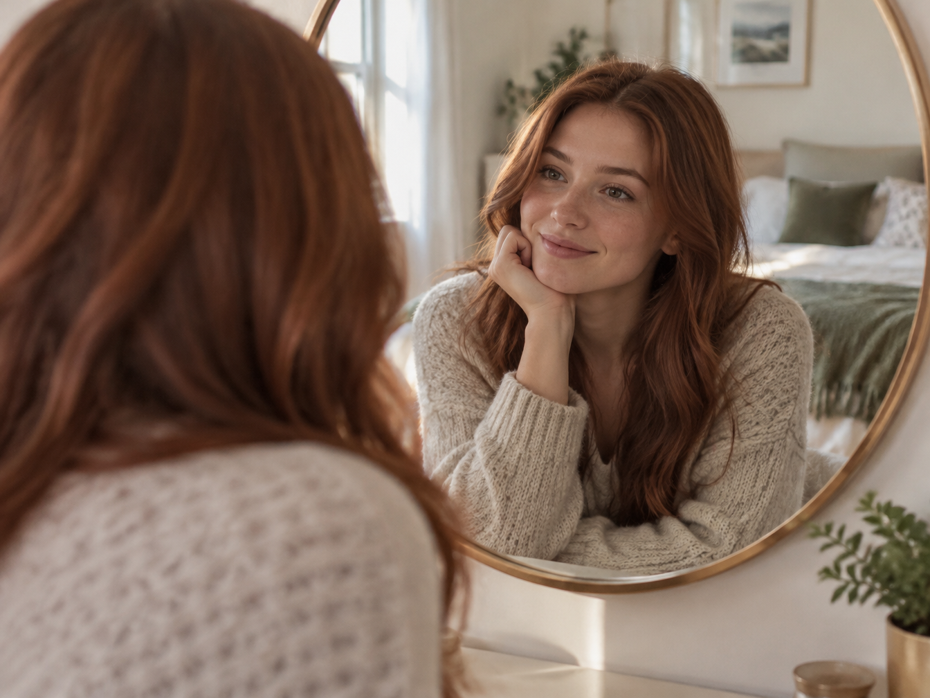 Young woman with freshly colored auburn hair looking at her reflection in a round mirror
