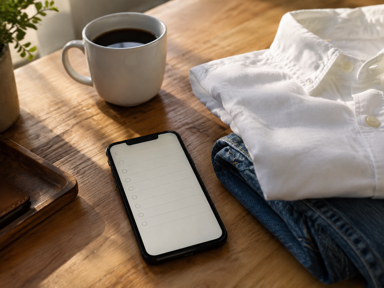 A phone with a notes list beside a folded white shirt and jeans on a wooden table