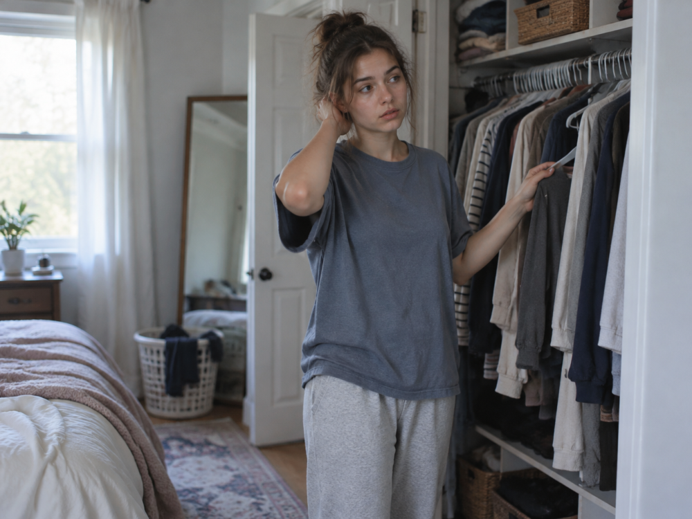 Tired young woman standing in front of her open bedroom closet in the morning