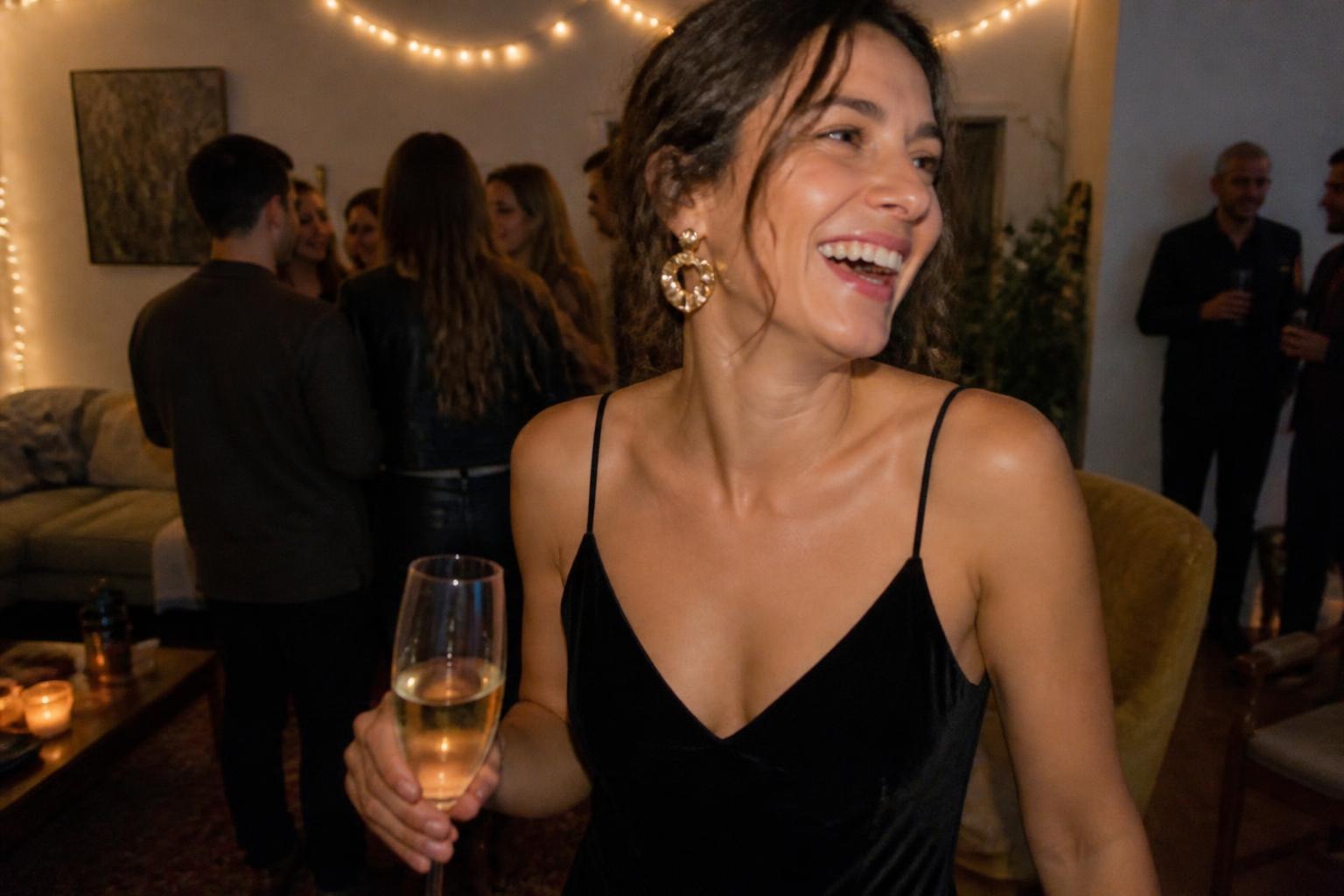 Woman in a black velvet slip dress and gold statement earrings laughing with a glass of champagne at a house party lit with fairy lights