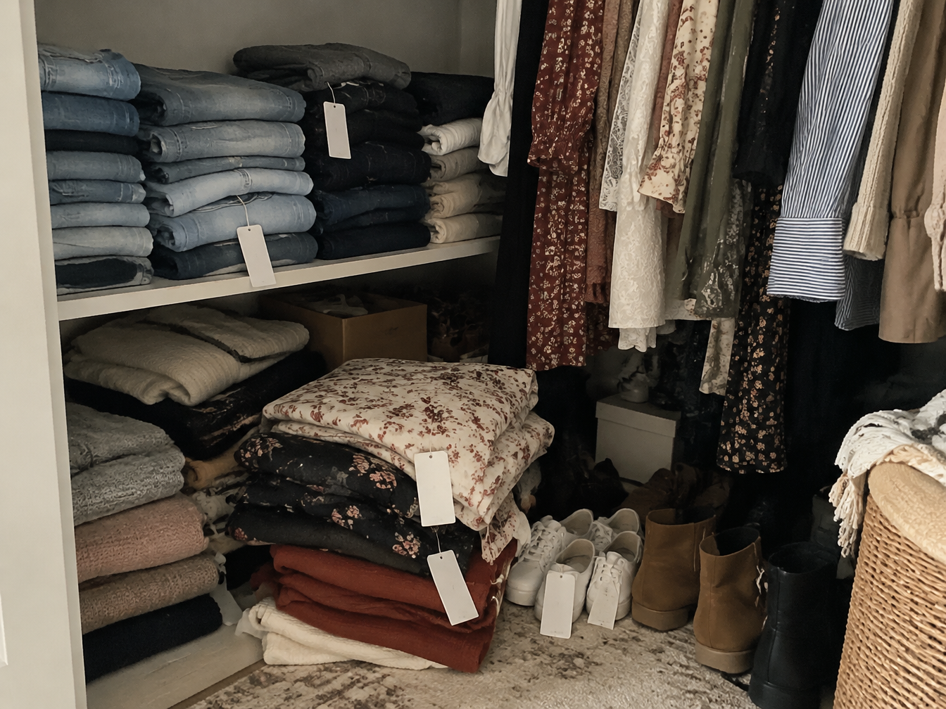 Overstuffed closet with folded jeans, dresses and shoes with tags still on