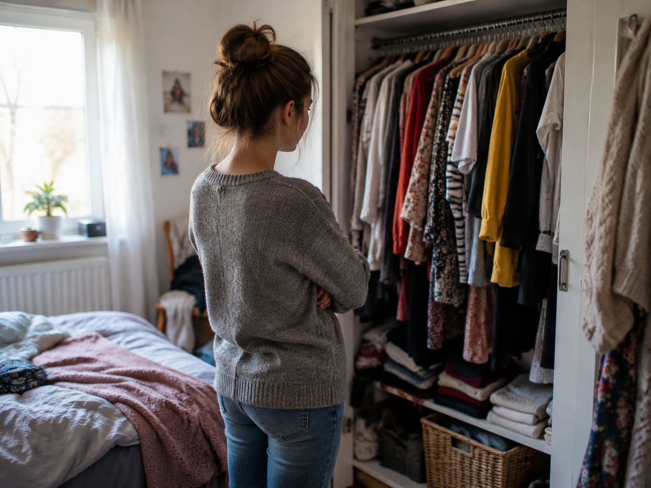 A woman in a gray sweater stands back from an overstuffed bedroom wardrobe, arms crossed