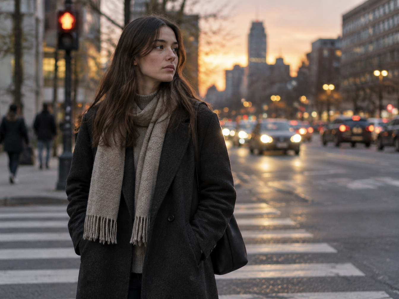 Thoughtful young woman in a long coat waiting at a city crosswalk at dusk
