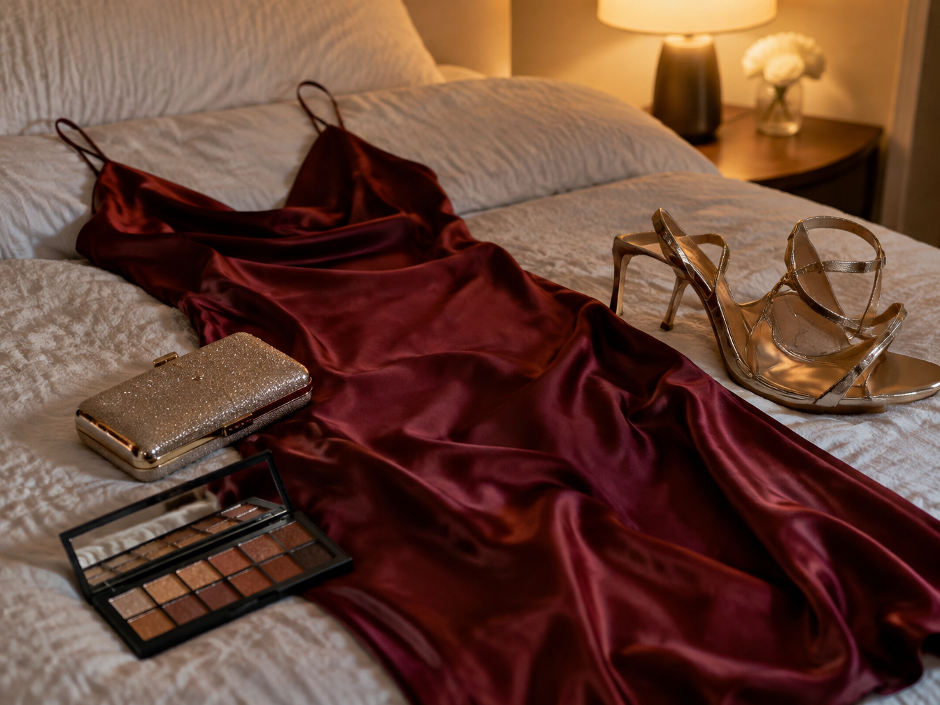 Satin dress, strappy heels, clutch and glittery eyeshadow palette laid out on a bed