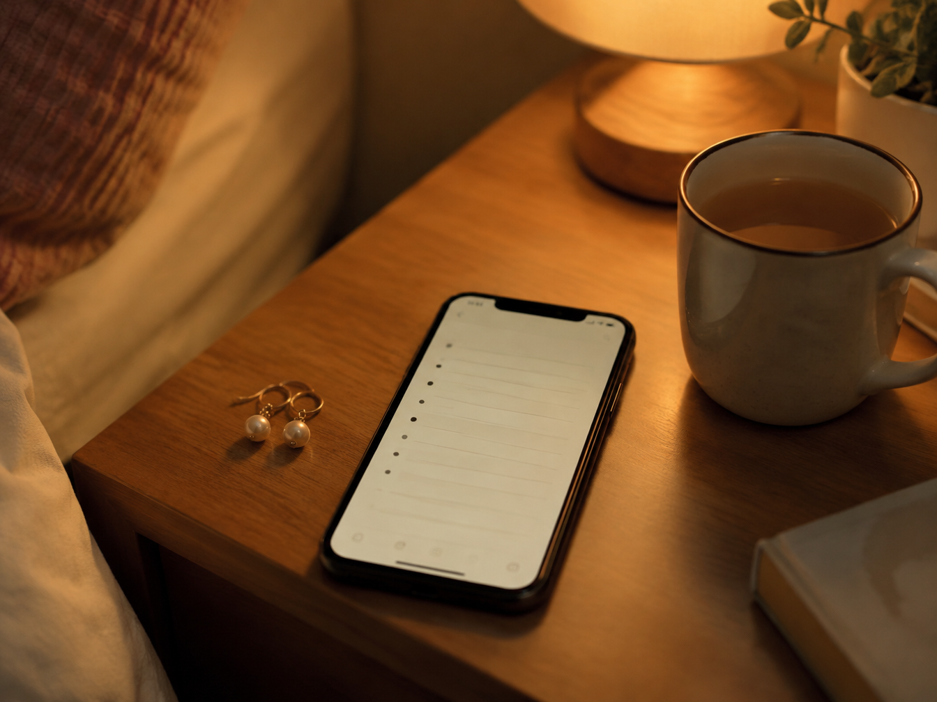 A phone with a notes list beside a mug of tea and earrings on a bedside table