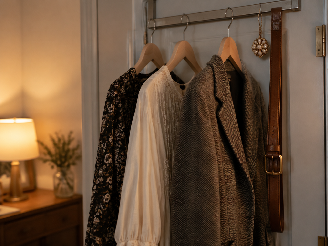 Three planned outfits hanging together with a brooch and a belt