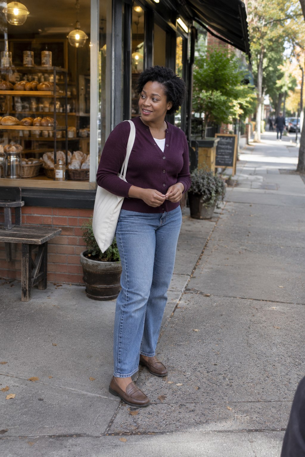 Plum cardigan with faded straight-leg jeans and brown loafers.