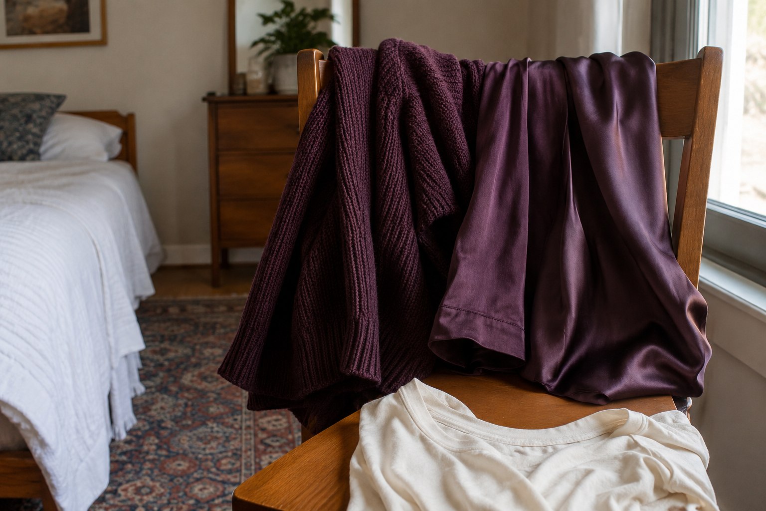 Plum knit, cotton and satin fabrics compared beside a cream tee in window light.