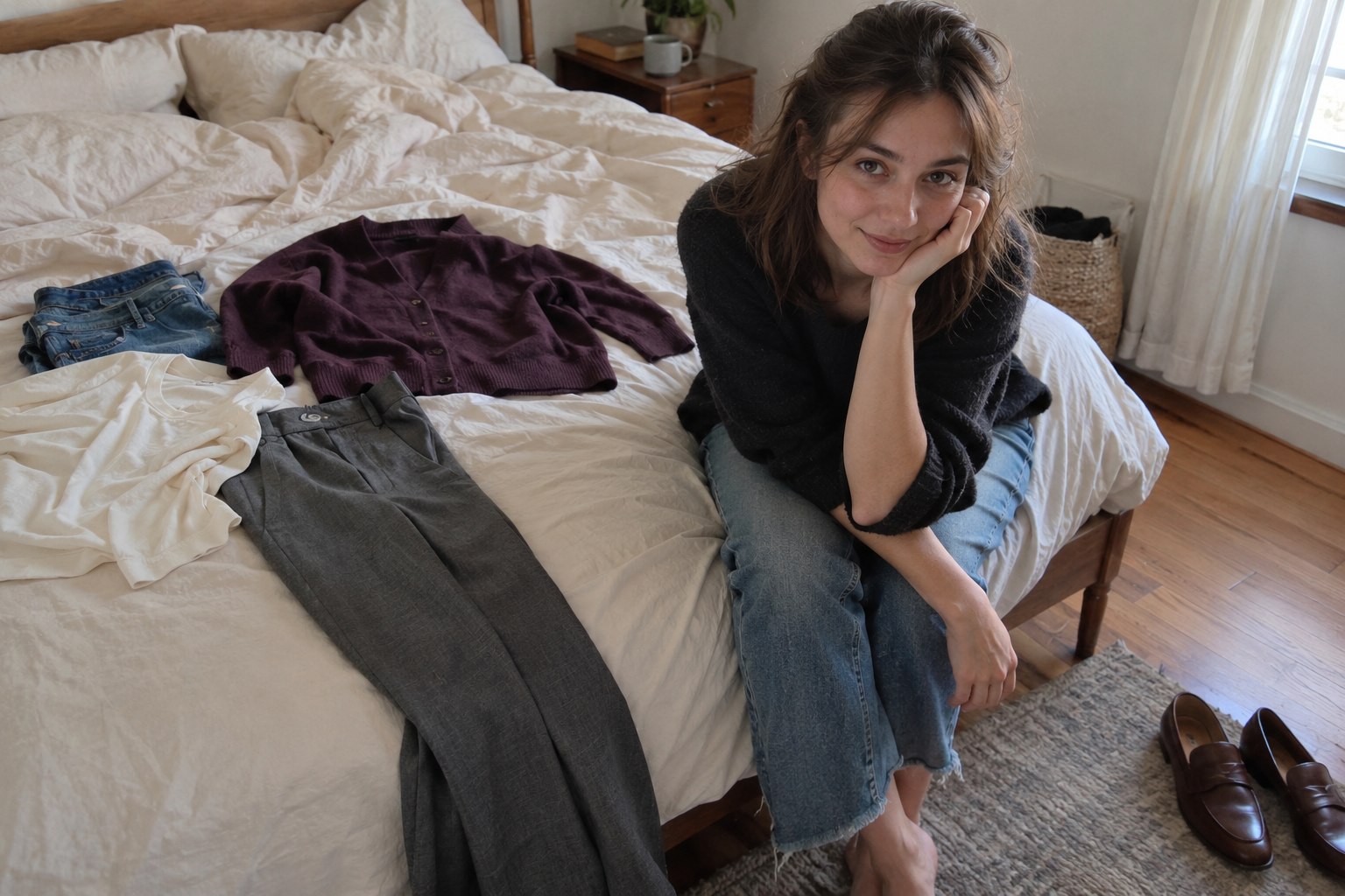 Plum cardigan laid beside jeans, gray trousers and a cream tee to plan outfits.