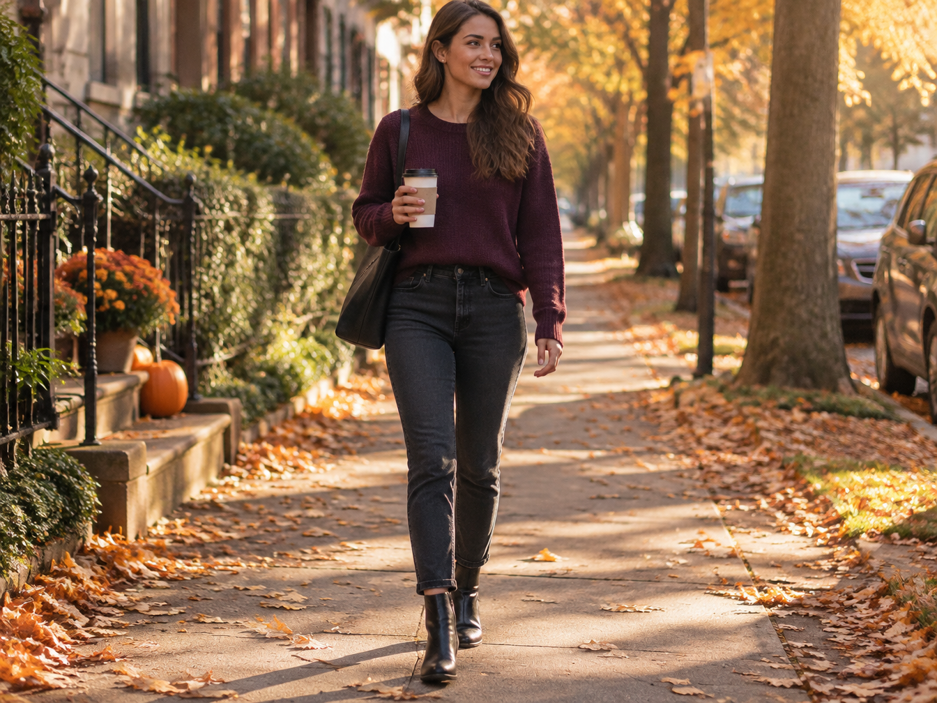 Young woman in a deep plum sweater and dark jeans walking down a sunny autumn sidewalk