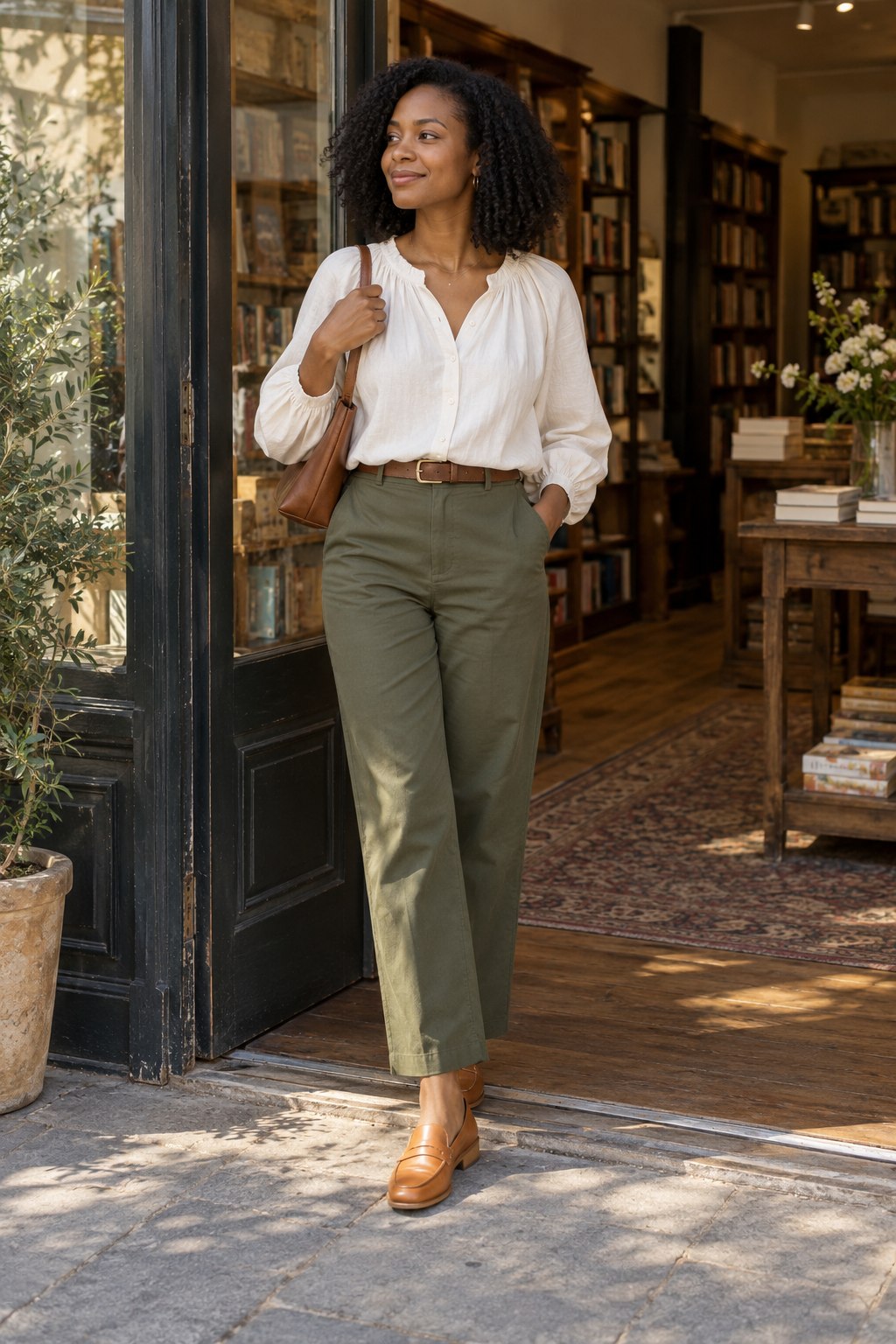 Cream poet blouse with gathered sleeves, olive trousers and tan loafers.