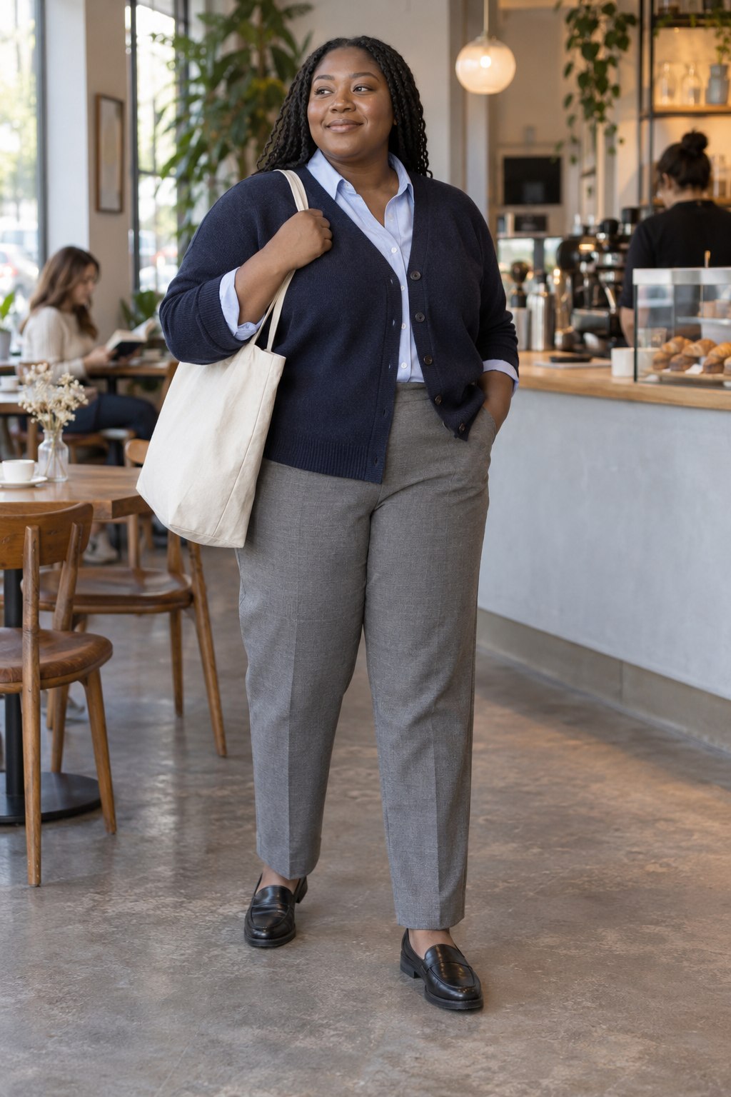 Everyday cardigan, shirt, gray trousers and loafers styled as a bookish outfit.