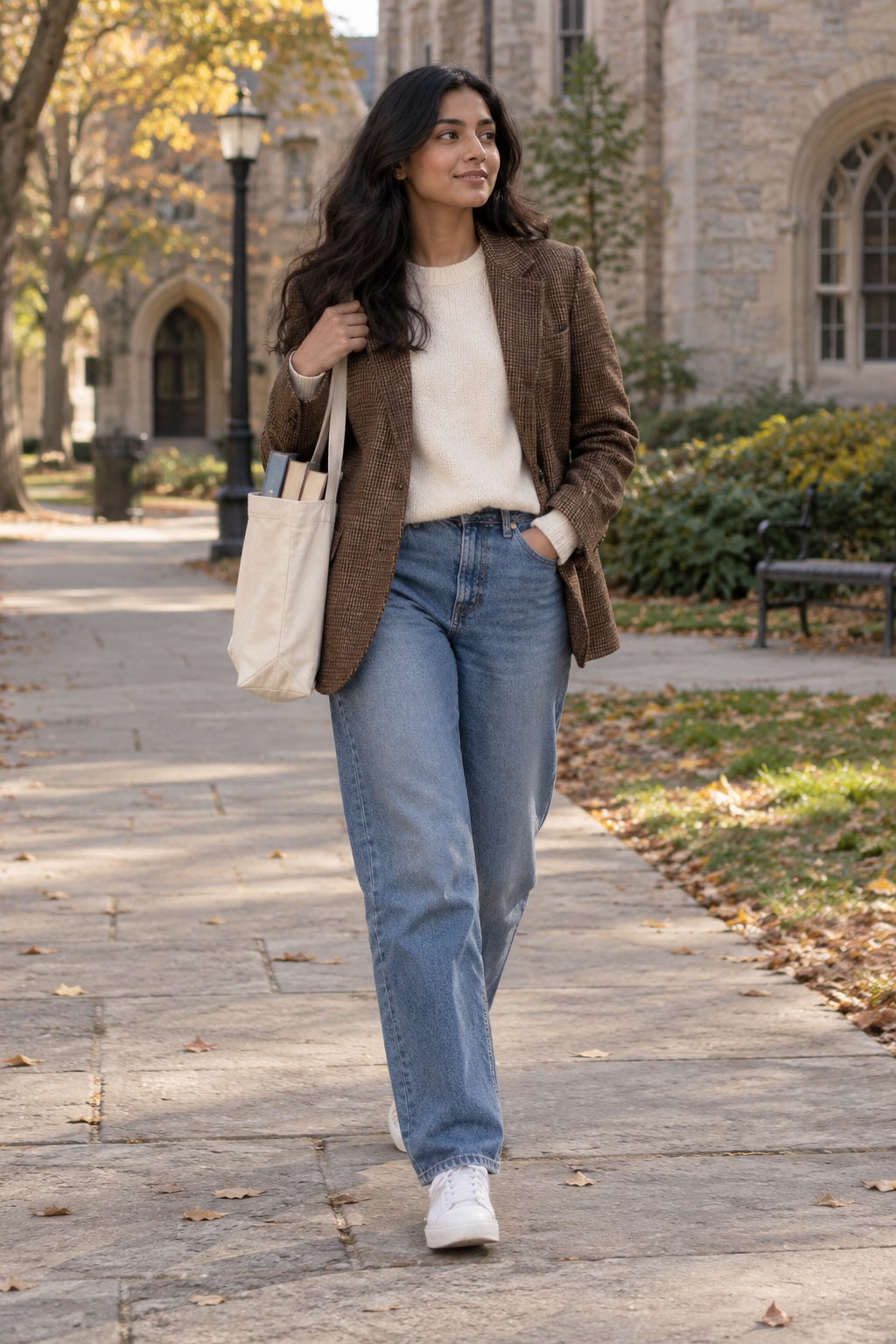 Poetcore outfit with a tweed blazer, blue jeans, white sneakers and a book tote.
