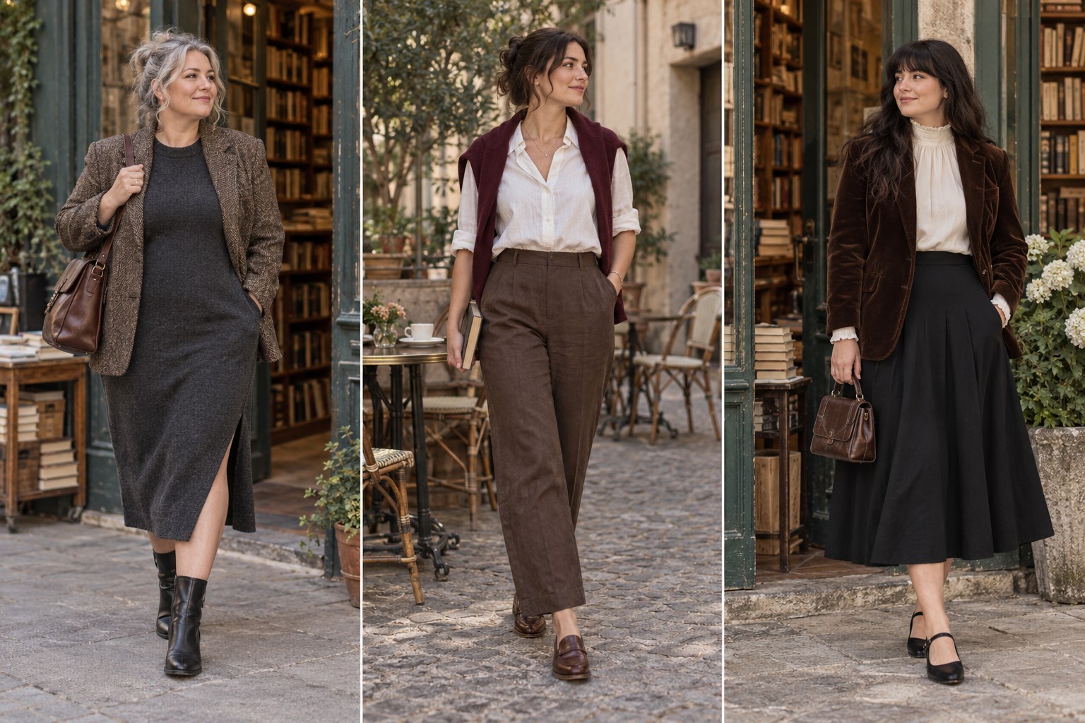 Poetcore looks with a sweater dress and tweed blazer, lightweight shirt and trousers, and a velvet evening blazer.