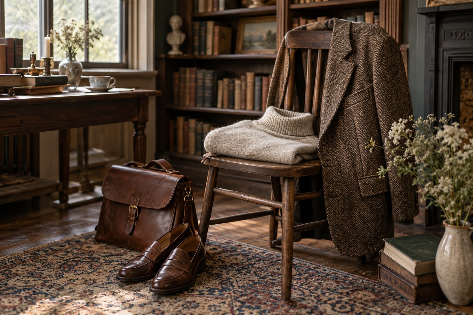 Tweed blazer, oatmeal knit, leather satchel and loafers in a bookish wardrobe still life.