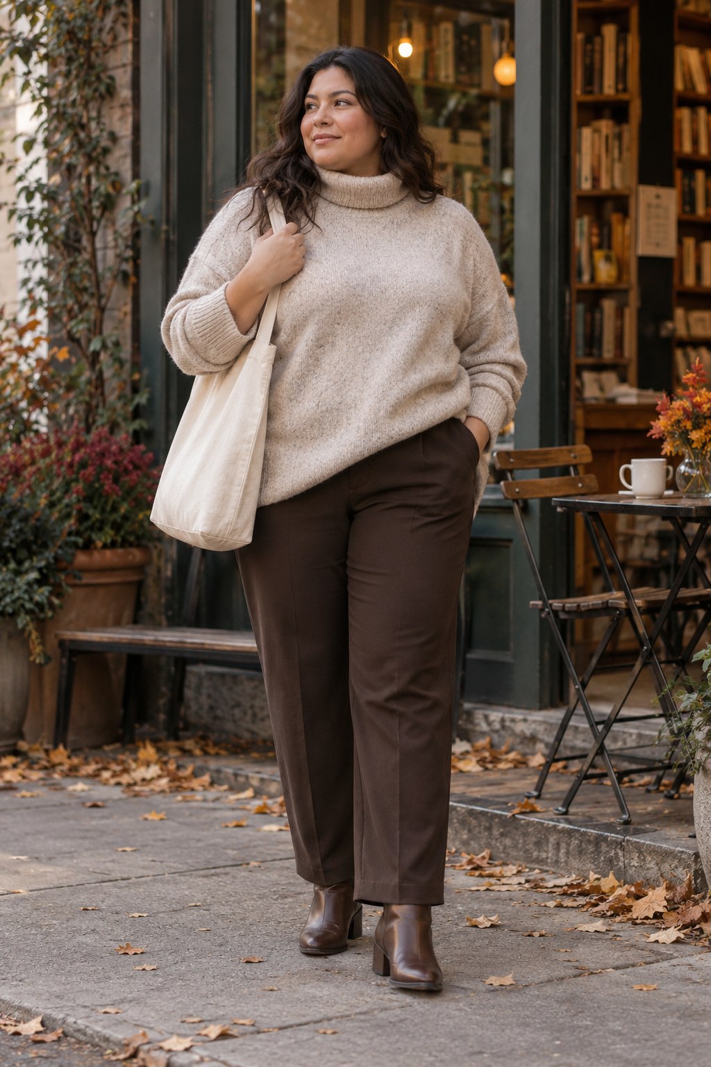 Oatmeal turtleneck with chocolate trousers, brown ankle boots and a canvas tote.