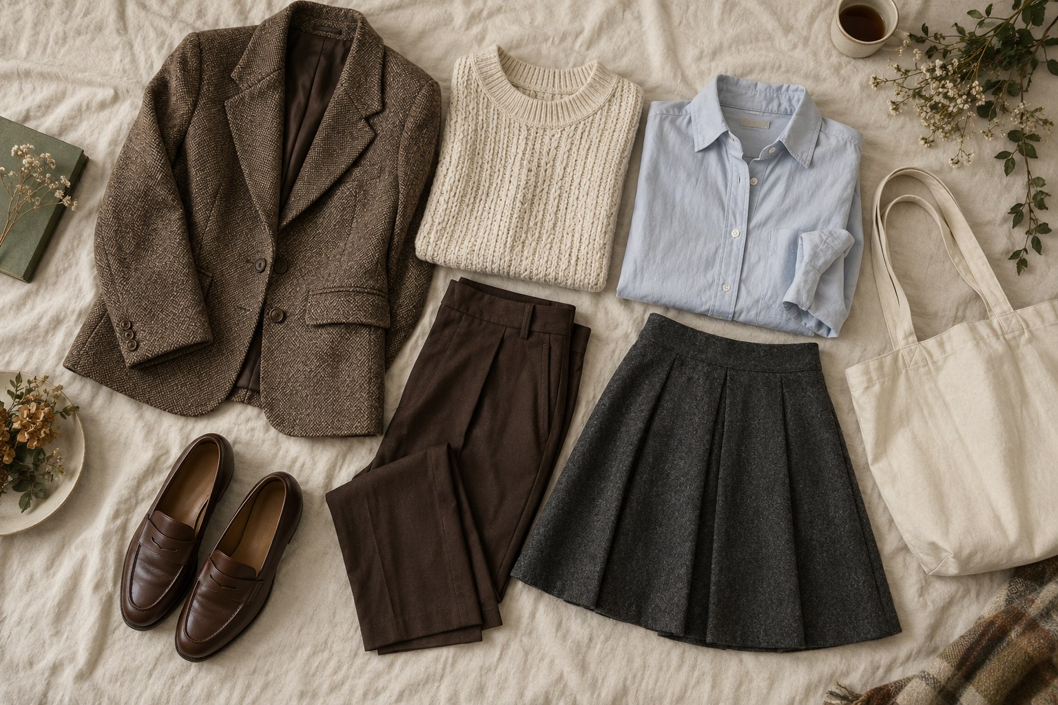 Small poetcore wardrobe with a blazer, knit, shirt, trousers, skirt and loafers.