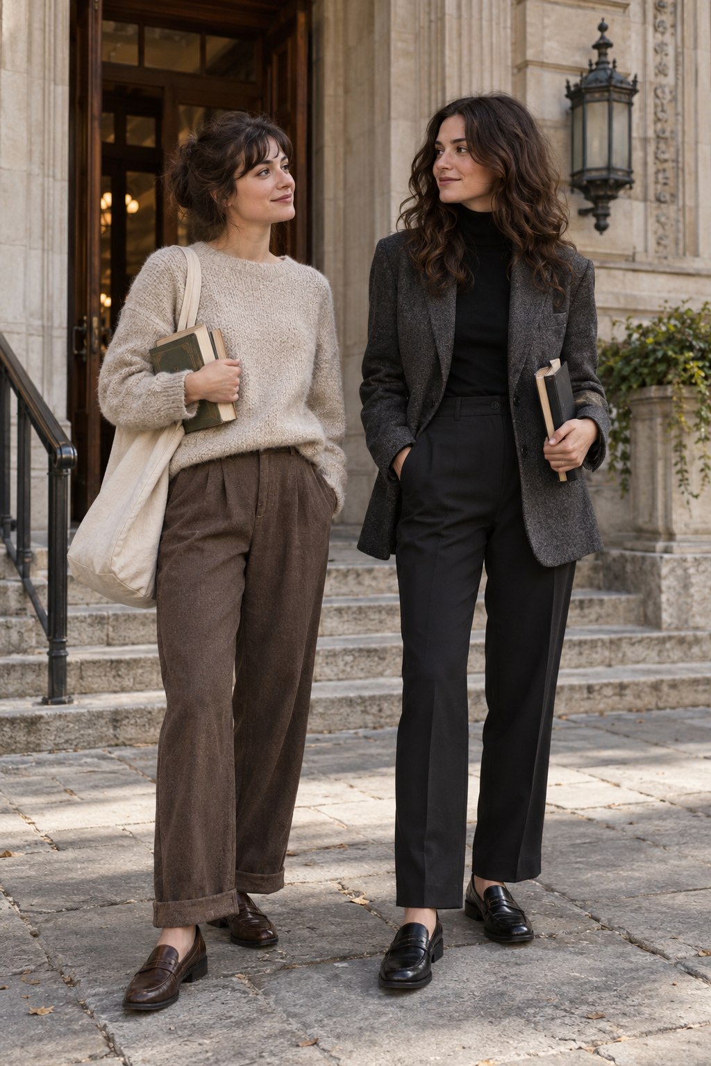 Soft knit-and-trouser styling beside a darker tailored academic outfit.